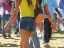 Street candid with young bimbos in short jeans skirt