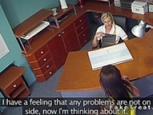Blonde nurse eating brunette patient on a desk