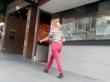 Blonde PAWG in tight red jeans on the street