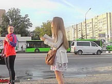 Skinny gal is in a-line skirt in accidental upskirt vid